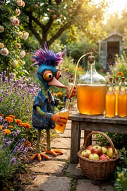 A bird-shaped doll is bottling apple juice in the garden