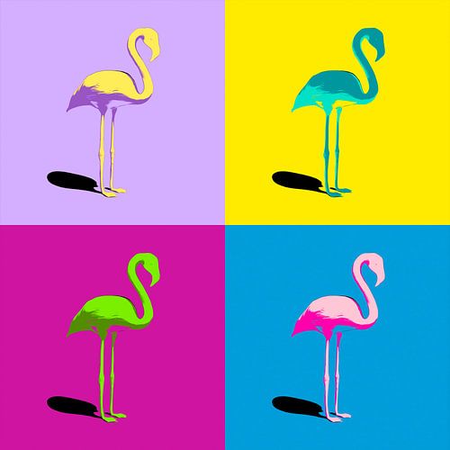 four different colored flamingos