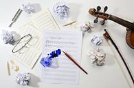 Workplace of a musician, crumpled and flat sheet of music, handwritten notation of a musical composi by Maren Winter thumbnail