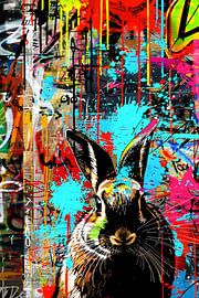 Colourful graffiti rabbit on abstract background by Art & Soul Creations