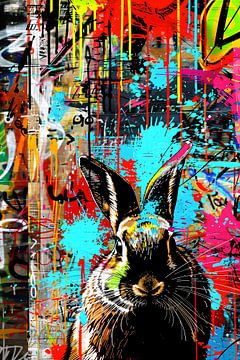 Kleurrijk graffiti konijn op abstract achtergrond van De Muurdecoratie