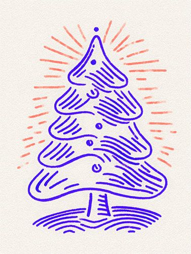 Minimalistische Weihnachtsbaum-Illustration mit warmem Glanz und verspielten handgezeichneten Linien
