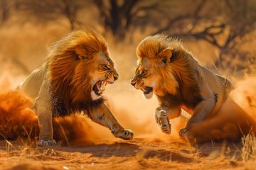Deux lions se battent dans le désert sur Animaflora PicsStock