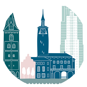 Skyline illustratie stad Enschede in kleur van Mevrouw Emmer