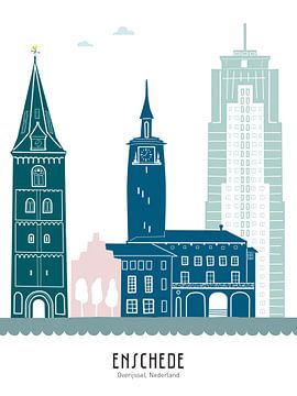 Skyline-Illustration der Stadt Enschede in Farbe von Mevrouw Emmer