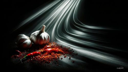rode pepers - knoflook - limoen - citroen op een zwarte achtergrond met dramatisch licht