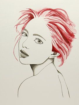 Die rothaarige junge Dame (moderne Aquarellmalerei Porträt schöne sexy Frau Dame Frisur Augen nackt) von Natalie Bruns