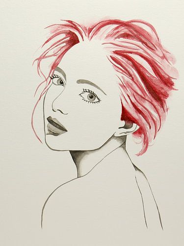 De roodharige jongedame (modern aquarel schilderij portret mooie sexy vrouw dame kapsel ogen naakt)