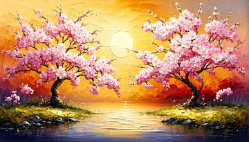 In de magie van de Japanse kersenbloesem - Japanse kersenbomen op stille eilandjes in een kalm meer, verenigd in de gouden gloed van de ondergaande zon van AidasignArt