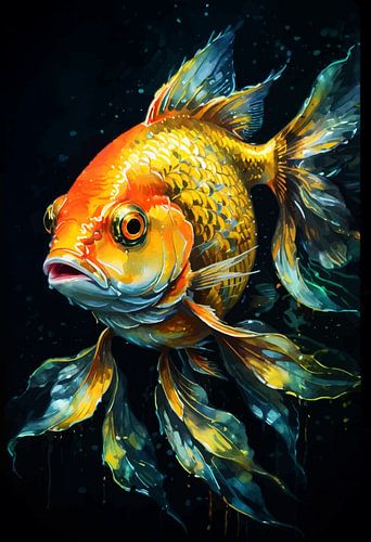 Gouden vis neon aquarelkunst – Symbolische aquatische moderne wanddecoratie
