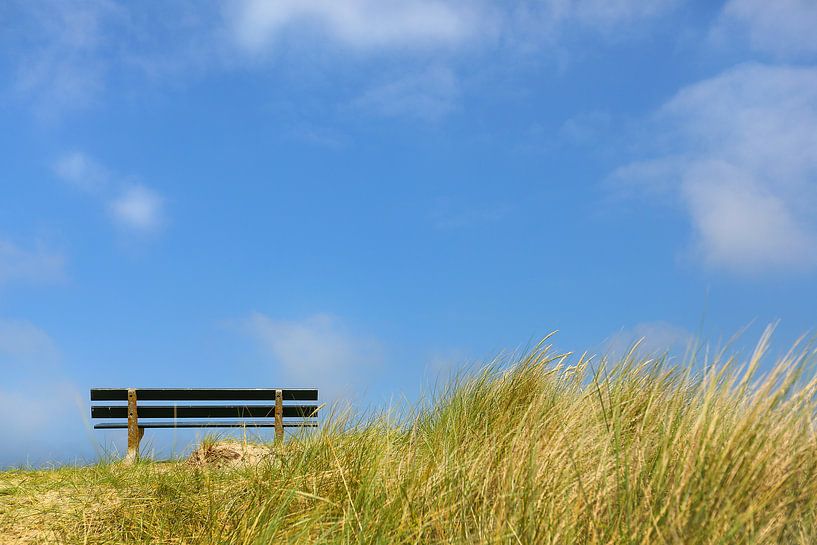 Bankje op het duin, met blauwe lucht van Caroline van der Vecht