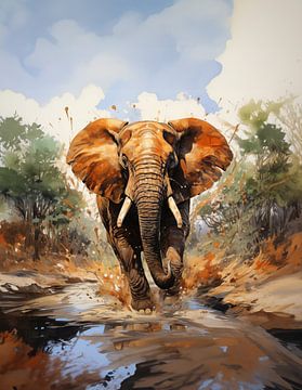 watercolour painting of an elephant walking through a pond