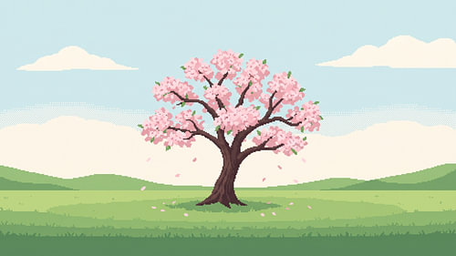Pixel-Art-Kirschbaum auf einer friedlichen Frühlingswiese