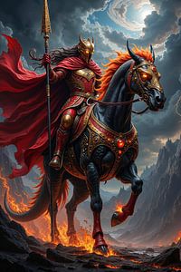 Dark Fantasy Wandbild: VORKANIX – Ein dämonischer Ritter reitet auf einem höllischen Pferd