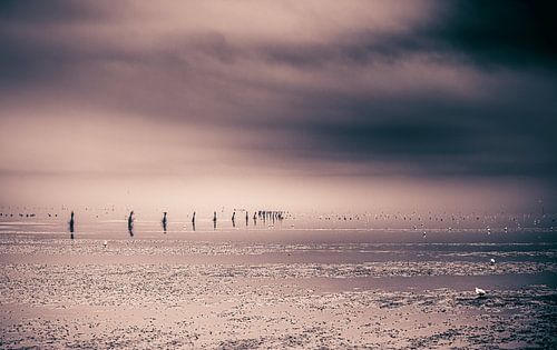 Strand van Cuxhaven aan de Duitse Noordzeekust.  Foto bij laag water met baken en golfbreker