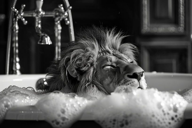 Majestic lion in the bathtub - an impressive work of bathroom art for your WC by Poster Art Shop