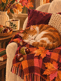 Katze im Sessel – Herbstnachmittag mit Kastanien von Albert Klee