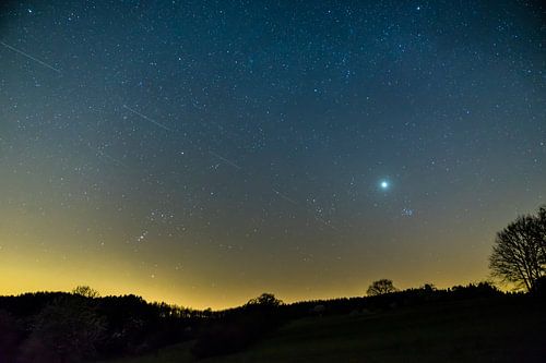 Starry night sky full of stars in dark night over black forest landscape silhouette