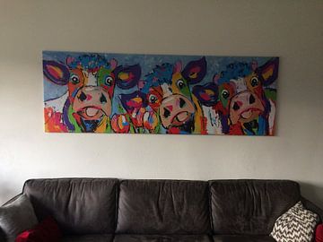 Kundenfoto: 3 Bunte glückliche Kühe | Panorama von Vrolijk Schilderij