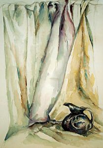 Schwarzer Krug im japanischen Stil. Handbemaltes Aquarell.