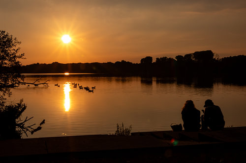 Romantische zonsondergang aan een idyllisch meer met ganzen en een verliefd stel