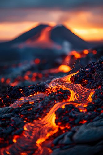 Gloeiende Lavastromen in Vulkanisch Landschap