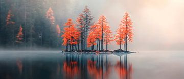 Herfstig boomeiland in de mist van Poster Art Shop