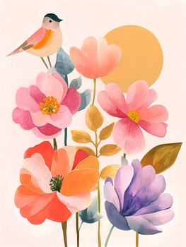 Bird Among Colourful Spring Flowers