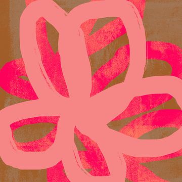Neonroze bloemen op donker okergeel. Kleurrijke abstracte kunst. van Dina Dankers