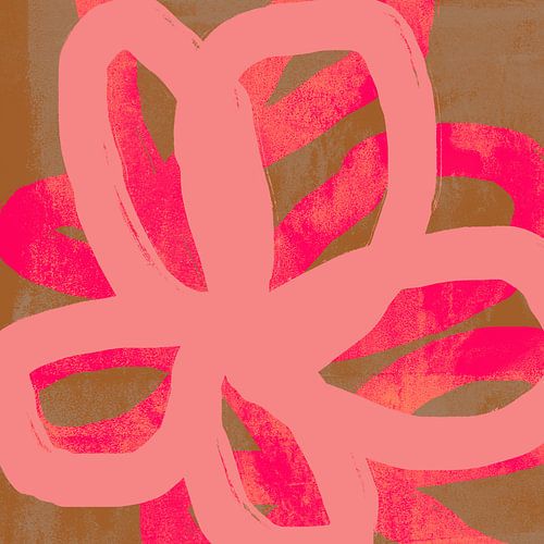 Neonroze bloemen op donker okergeel. Kleurrijke abstracte kunst.