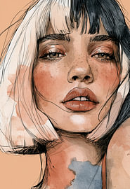 Portrait of a Woman with Black and White Hair and Watercolour by SPEQ ART