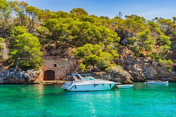 Idyllischer Blick auf eine ankernde Yacht in einer schönen Bucht auf der Insel Mallorca, Spanien von Alex Winter