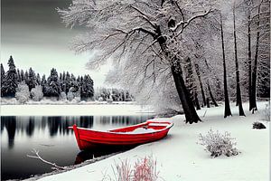 Traumlandschaft mit rotem Boot in einer Winterlandschaft 5