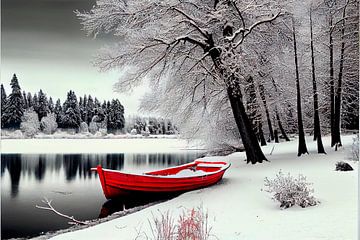 Droombeeld met rode boot in een winter landschap 5 van Maarten Knops