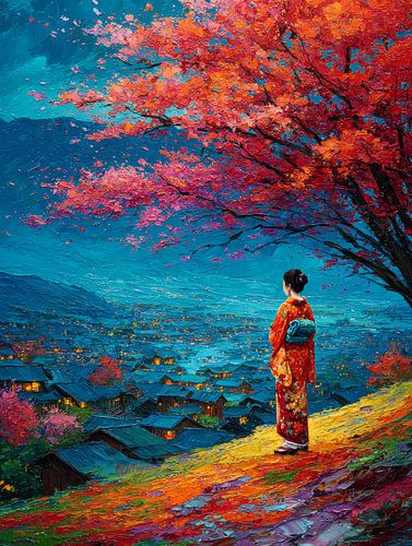 olieverf schilderij Geisha in Japans landschap
