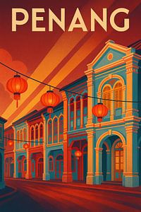 Penang George Town Poster - Vintage Peranakan Shophouse & Laternen Kunst