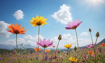 Een bloemenveld met een blauwe lucht op de achtergrond