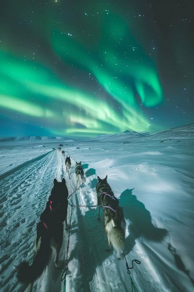 Schlittenfahrt unter Polarlichtern von Poster Art Shop