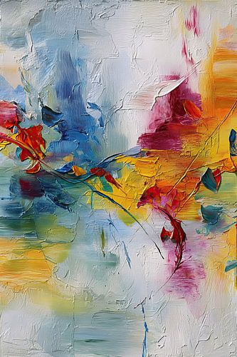 Abstract landschap schilderij – Blauw geel rood