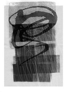 Abstracte zwart-wit vlakken en lijnen 2. Inkt, potlood, monotype. van Dina Dankers