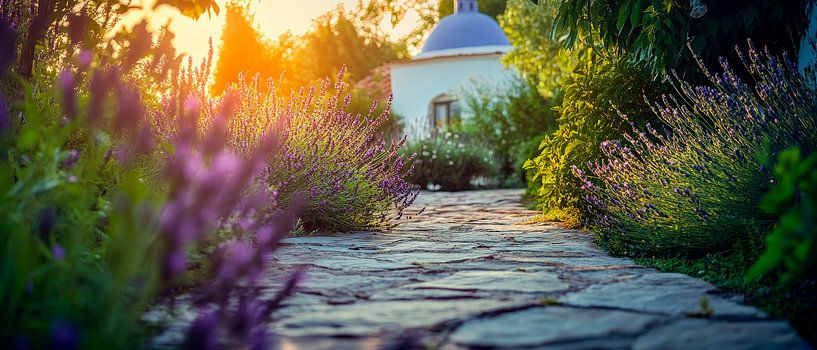Stone path in the garden at sunset by Poster Art Shop