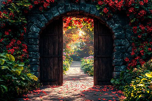 Tuinpoort met rode bloemen