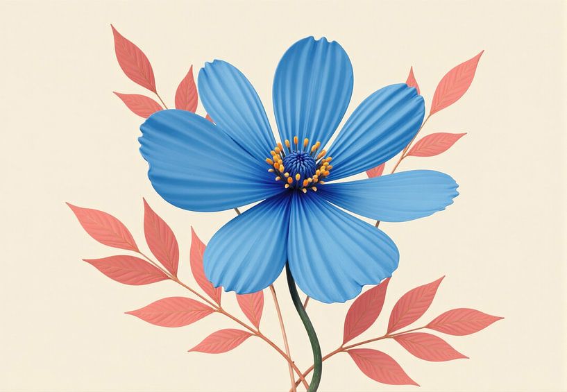 Stylized Blue Flower with Coral Leaves Illustration by Markus Gann