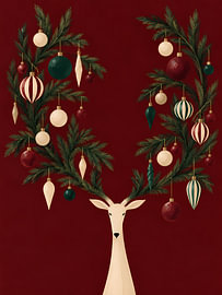 Weihnachtskranz mit Rentieren auf burgunderrotem Hintergrund von Mosaic Dialogue