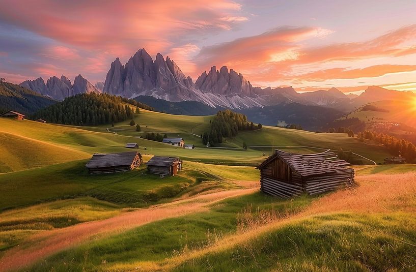 Grüne Wiesen unter Alpengipfeln von fernlichtsicht