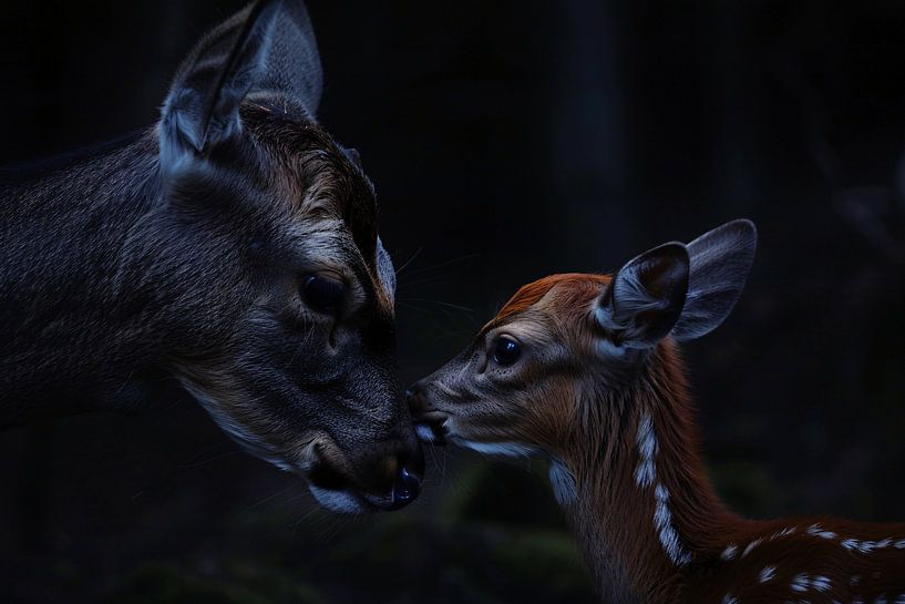 Moment d'intimité entre une biche et son petit par Art & Soul Creations