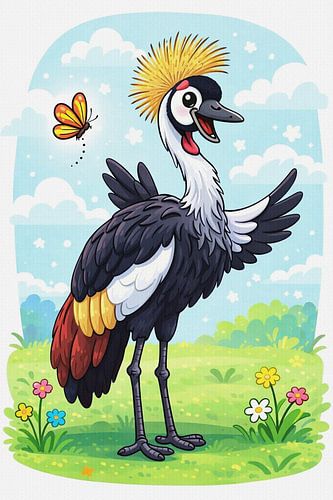 The crowned crane and the butterfly
