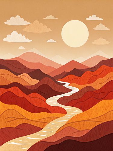 Sereniteit bij zonsondergang: Een kronkelende rivier door terracotta pieken onder een gouden woestijnhemel - Handgetekende landschapskunstdruk