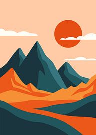 De minimalistische schoonheid van scherpe bergtoppen en glooiende heuvels onder een fel schijnende ondergaande zon.