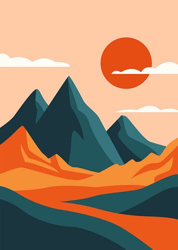 De minimalistische schoonheid van scherpe bergtoppen en glooiende heuvels onder een fel schijnende ondergaande zon.